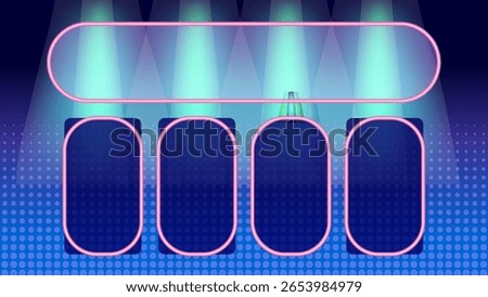 Vector illustration of a neon-lit game show stage with vibrant colors and geometric shapes, creating a retro-futuristic atmosphere