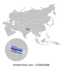 Vector illustration of Nepal in blue on the grey model of Asia map with zooming replica of country.