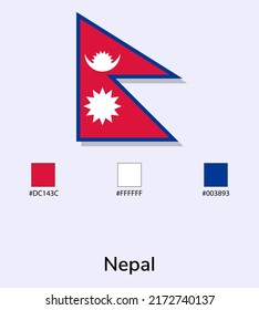 Ilustración vectorial de la bandera de Nepal aislada en un fondo azul claro. Ilustración Bandera nacional de Nepal con códigos de color. Lo más cerca posible del original. listo para usar, fácil de editar. 
