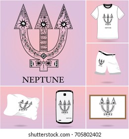 Vector illustration of the Neptune symbol with zentangle pattern and examples for uses of this pattern