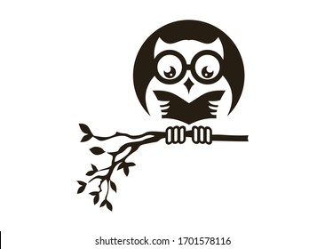 A vector Illustration of Nerd Owl with glasses reading a book on the branch of tree 