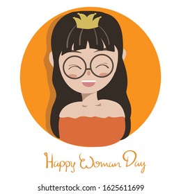 Vector illustration nerdy woman With Crown Happy Woman Day Theme Cute Cartoon