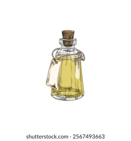 Vector illustration of Neroli oil tincture in a corked glass bottle on an isolated background. Hand drawn container with yellow liquid. Cosmetic, perfume and medicinal product.