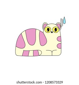 Vector illustration, nervous kawaii cat in pastel pleasant colors. Line style. Applicable for funny greeting cards, stickers, t-shirt prints, banners etc.