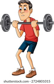 Ilustración vectorial de hombre nervioso levantando la barra, estilo de dibujos animados, líneas limpias, fondo blanco