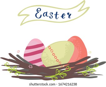 Vector illustration of a nest carrying Easter eggs. Happy easter illustration.