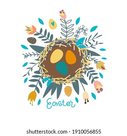 Vector illustration. Nest with colored easter eggs with flowers with easter inscription. For poster and congratulation..