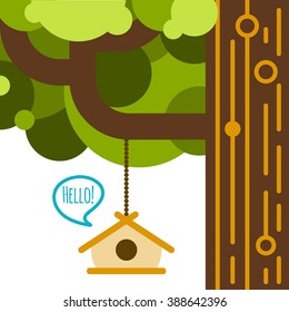 Vector illustration with nesting box and tree in flat style.  