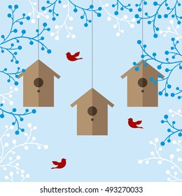 Vector illustration of nesting boxes, branches and birds on light blue background
