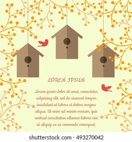 Vector illustration of nesting boxes, branches and birds on light orange background