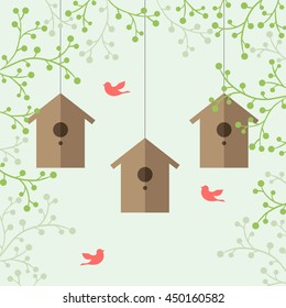Vector illustration of nesting boxes, green branches and pink birds on light green background.