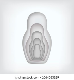 Vector illustration of nesting dolls inserted into each other, made in the style of paper cut. Silvery color on isolated white background.