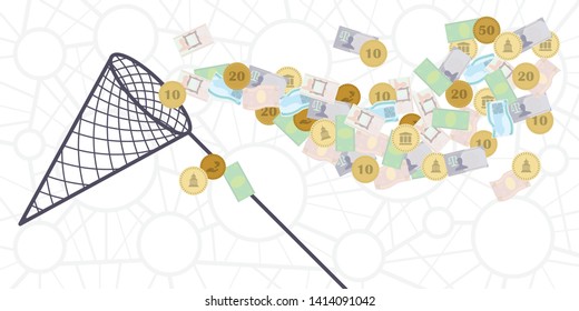 vector illustration of net catching coins and coupons for financial success and money gain concept