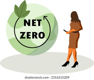 Vector illustration - Net Zero carbon neutrality - Young woman checking data