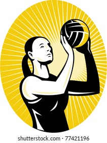 vector illustration of a netball player goal shooter shooting ball set in oval background done in retro style