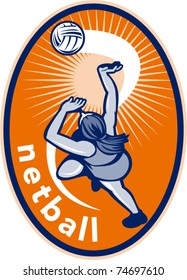 vector illustration of a netball player jumping ball set inside oval