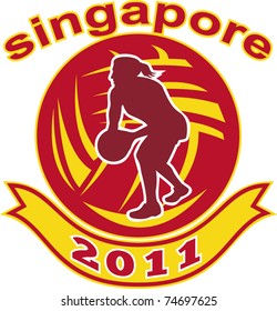 vector illustration of a netball player passing ball with ball in background and words "Singapore 2011"