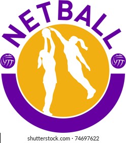 Vector Illustration Of A Netball Player Shooting Ball With Another Player Blocking Shot Set Inside Circle With Words 