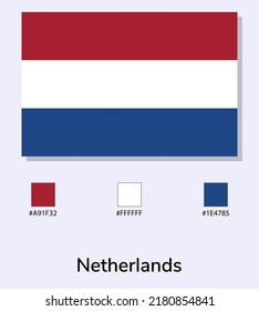 Vector Illustration of Netherlands flag isolated on light blue background. Illustration National Netherlands flag with Color Codes. As close as possible to the original. ready to use, easy to edit. 
