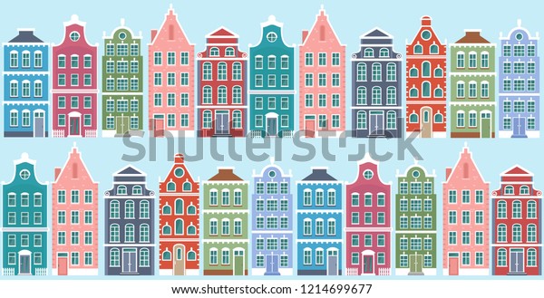 Vector illustration of netherlands style\
houses seamless pattern. Cute colorful vintage houses in two lines\
on blue background in flat cartoon\
style.