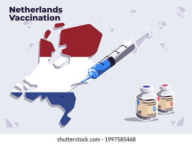 Vector illustration of Netherlands vaccination template medical syringe on the map of Netherlands with glass vials of COVID-19 vaccine, inject in Netherlands, flag of Netherlands