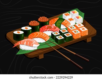 Vector illustration of a network of Japanese sushi. Tray with rolls, for sushi with chopsticks in a sushi bar.