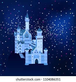 vector illustration, Neuschwanstein Castle in Germany at night