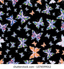 Vector. Illustration in neutral, black and blue colors. Seamless pattern with butterflies. Background for textile, fabric, print and invitation.
