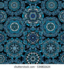 Vector illustration with neutral and blue isolated snowflakes. Isolated watercolor snowflakes on black background. Beautiful decoration. Symbol of winter.