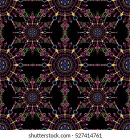 Vector illustration. In neutral, blue and violet colors on a black background. Ikat damask seamless pattern background tile.