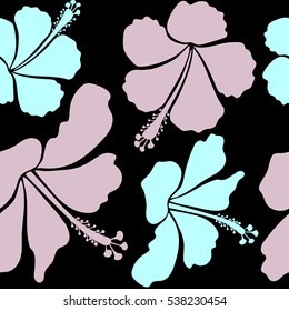 Vector illustration in neutral colors on a black background. Tropical flower, hibiscus pattern.