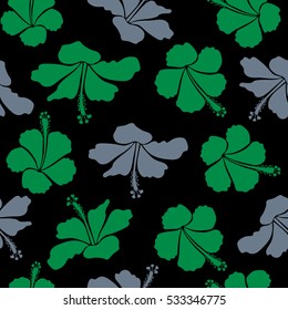 Vector illustration in neutral and green colors on a black background. Seamless tropical flower, hibiscus pattern.