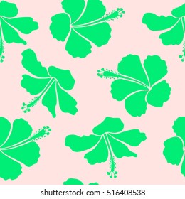 Vector illustration. Neutral and green hibiscus flowers seamless pattern.