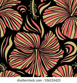 Vector illustration in neutral and pink colors on a black background. Seamless tropical flower, hibiscus pattern.