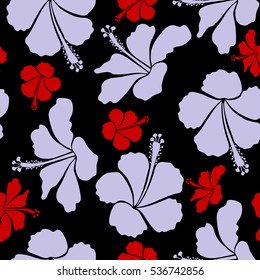 Vector illustration in neutral and red colors on a black background. Seamless tropical flower, hibiscus pattern.