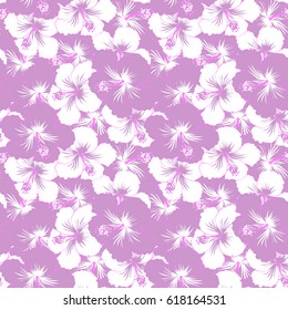 Vector illustration. Neutral, white and pink hibiscus seamless pattern. Vector seamless pattern with tropical flowers in watercolor style.