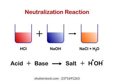 Vector illustration of neutralization reaction equation in chemistry on white background. Acids react with bases to produce salt and water.