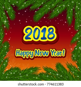 Vector illustration of New 2018 year greeting and fir tree frame on red background