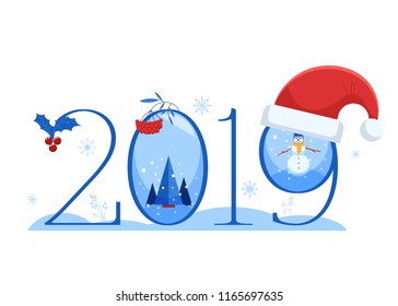 Vector illustration of New 2019 Year horizontal banner with number and various winter and holiday symbols isolated on white background - flat traditional elements for congratulation design.