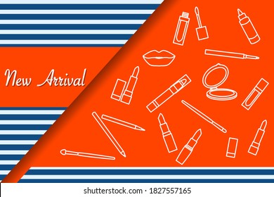 Vector illustration New arrival Sale Decorative cosmetics makeup Lipstick Lip pencil  Promotional background Design for new collection arriving to store, beauty salon, shop Advertising banner Shop now