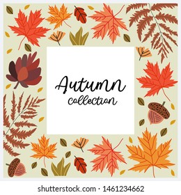 Vector illustration of a new autumn collection, shopping sale or promo poster or web baner layout decorated with floral elements such as pine cone, acorn, colorful maple and oak leaves and fern.