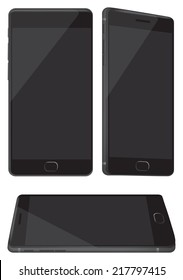 Vector illustration of a new black and shiny hand phone in three different perspective views isolated on white background