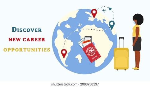 Vector illustration New career opportunities Relocation. Career development. New team member Career growth Job position Job Offer to employee. Location Suitcase Departure Destination Passport Ticket