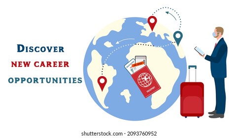 Vector Illustration New Career Opportunities Relocation. Career Development. New Team Member Career Growth Job Position Job Offer To Employee. Location Suitcase Departure Destination Passport Ticket