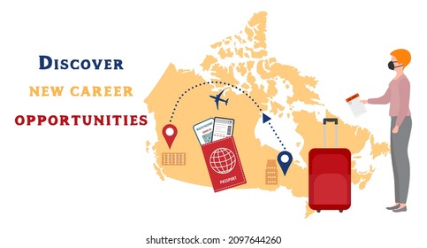Vector illustration New career opportunities Relocation. Career development. New team member Career growth Job position Job Offer to employee. Canada Suitcase Departure Destination Passport Ticket