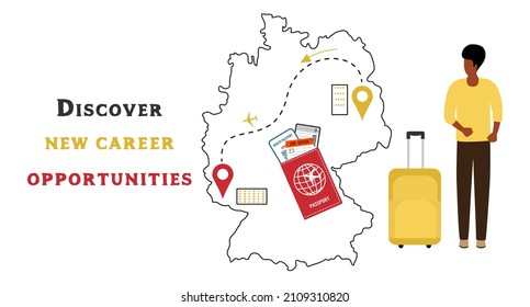 Vector illustration New career opportunities Relocation. Career development. New team member Career growth Job position Job Offer to employee. Germany Suitcase Departure Destination Passport Ticket