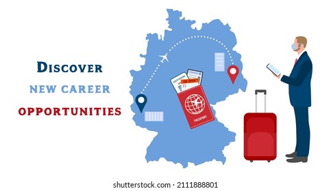 Vector illustration New career opportunities Relocation. Career development. New team member Career growth Job position Job Offer to employee. Germany Suitcase Departure Destination Passport Ticket