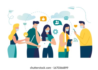 Vector illustration of New Coronavirus (2019-nKoV), people in white medical mask communicate through social networks online. ban on contact, Quarantine coronavirus concept  vector