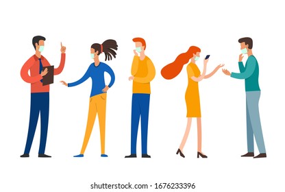 Vector illustration of New Coronavirus (2019-nKoV), people in white medical mask discuss social network, news, social networks, chat, dialogue speech bubbles.
