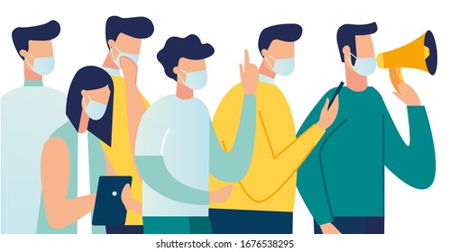 Vector illustration of New Coronavirus (2019-nKoV), people in white medical mask communicate through social networks online. ban on contact, vector